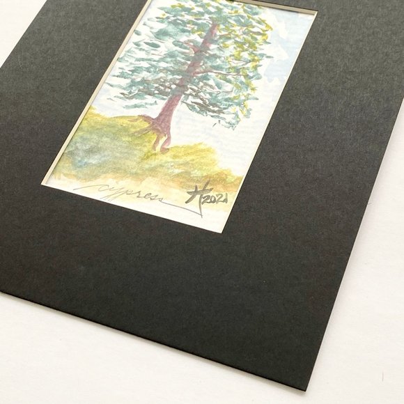 Cypress - Original Wall Art Watercolor Painting Black Mat Frame Ready 8”x10” - Picture 3 of 5